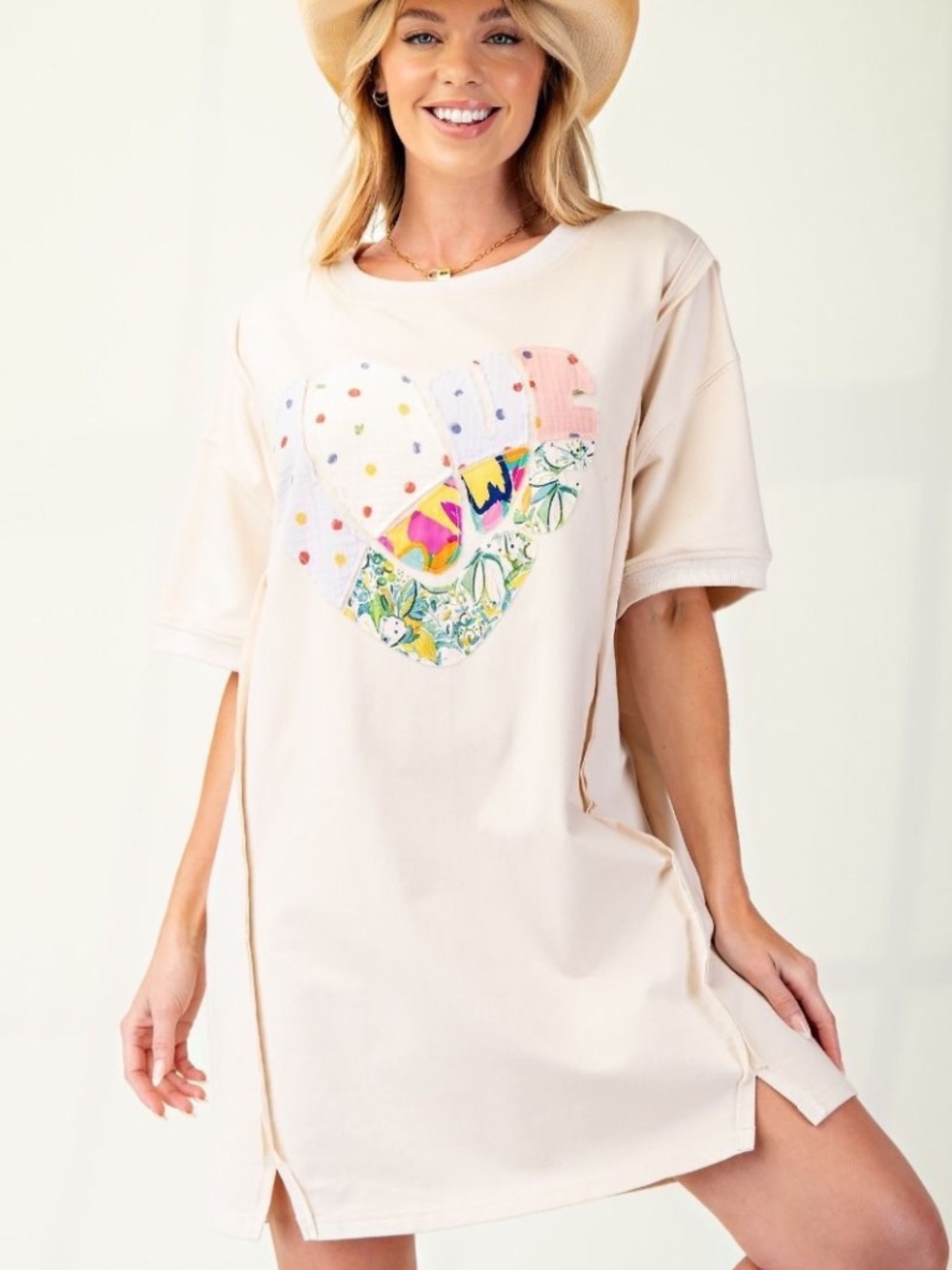 New Easel Heart Love Patch Cotton T Shirt Dress Tunic Relaxed Fit Raw Edge Hem - Picture 3 of 6